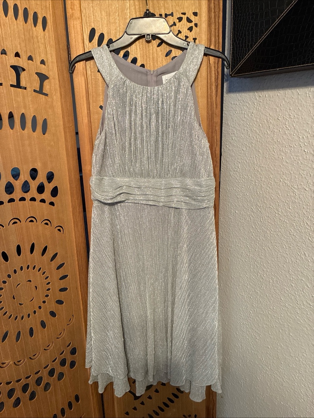 Silver Sleeveless Midi Dress with Pleated Bodice